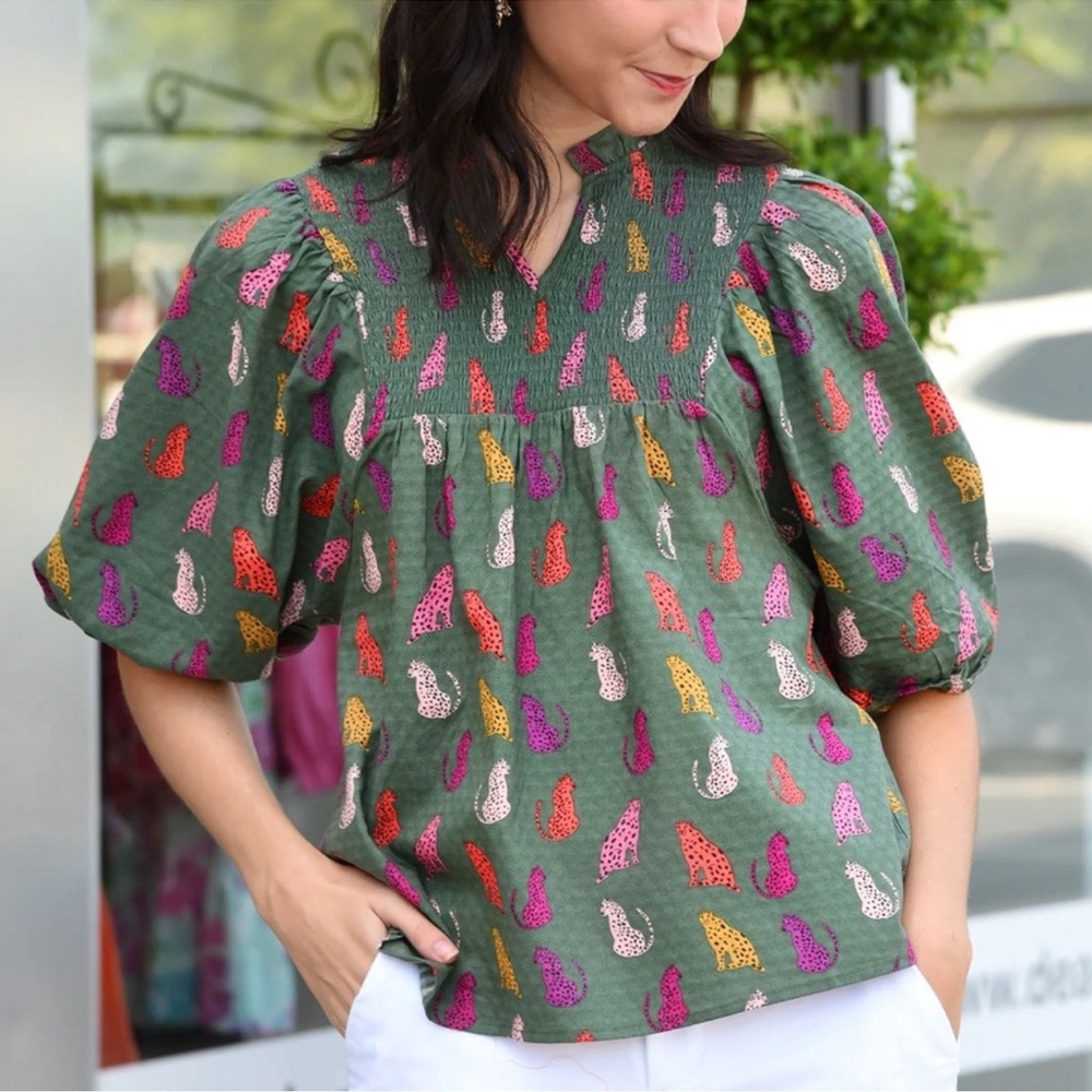 Michelle McDowell Jona Multicolor Leopard Love Vineyard‎ Puff Sleeve Top Medium